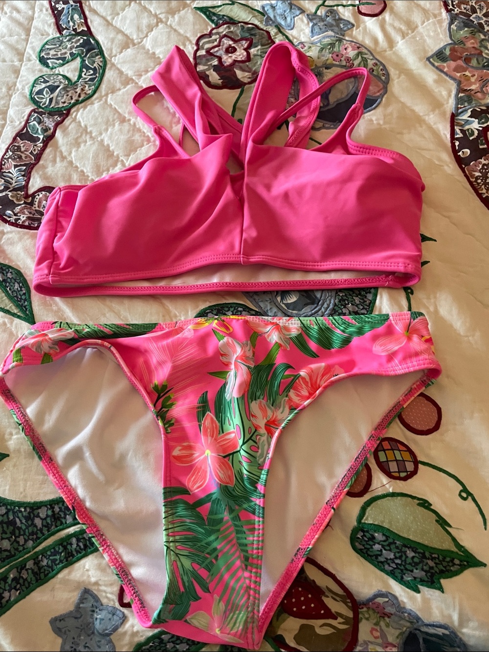 New Girl’s Pink Tropical Two-Piece Swim Set SHEIN Size 11-12Y